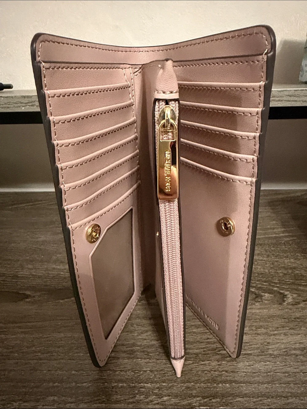 Michael Kors Dusty Pink Logo Continental Zip Wallet with Gold Hardware